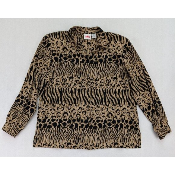 Alia Women's Top Size 16 Brown Mixed Animal Print Long Sleeve Button-Up - Picture 2 of 12
